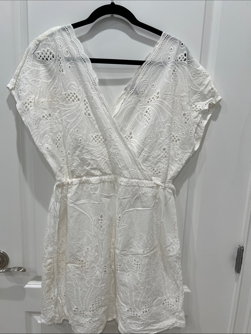 CAbi White Eyelet Wrap Mini Dress